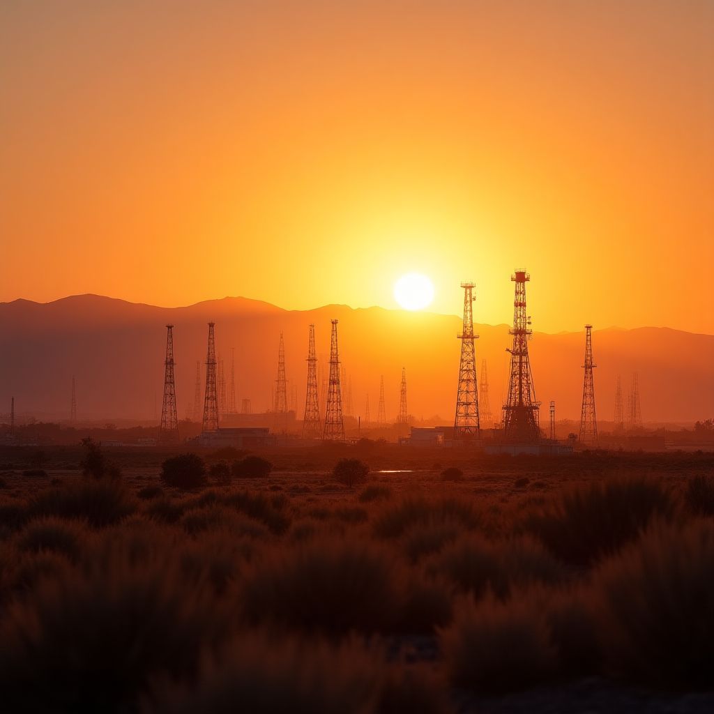 Vista panorámica de campo petrolero en Argentina